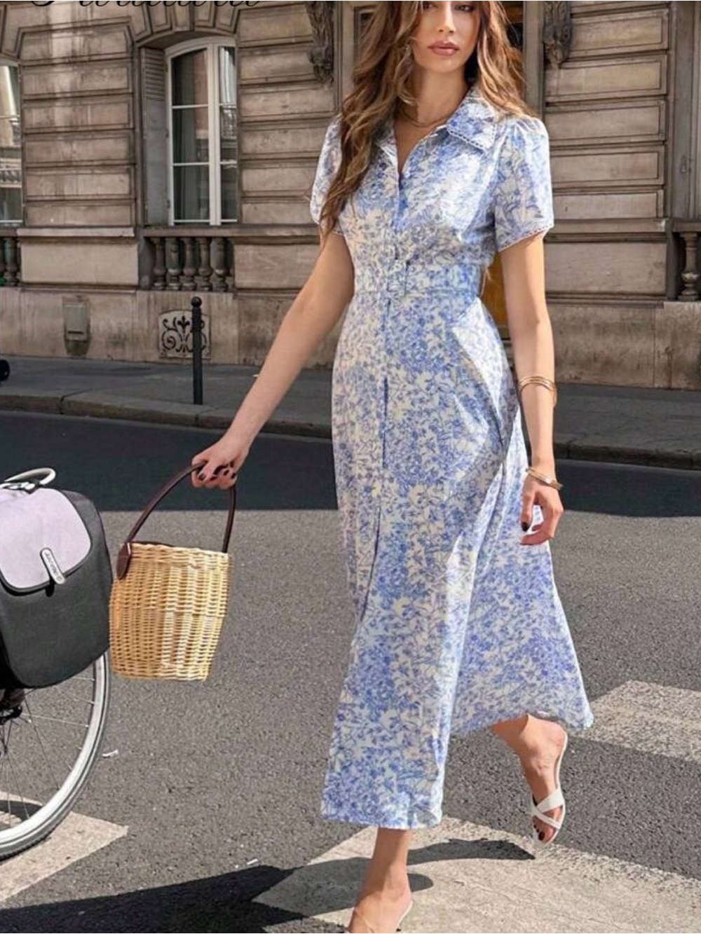 Blue Floral Button-Front Dress with Belt